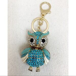 Blue Gold Rhinestone Enamel Owl Keychain